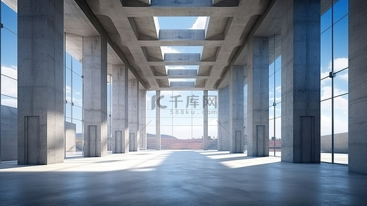 黑暗蓝天背景图片_现代建筑设计的 3D 渲染项目是一个宽敞的混凝土大厅，以蓝天背景为视角
