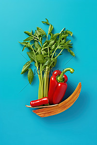 蓝色背景中船上的红辣椒和各种蔬菜