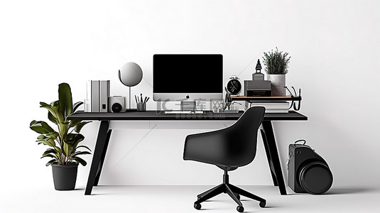 时尚时尚的工作空间 3D 渲染黑色皮椅和白色桌子上的电脑