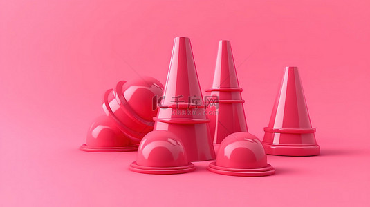 类似卡通的 3D 渲染，粉红色背景上的红色交通锥，展示了以可爱和简约的方式预防事故的概念