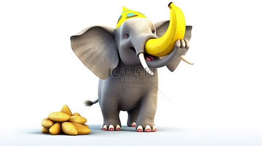 动画大象拿着香蕉和扩音器，俏皮的扭曲