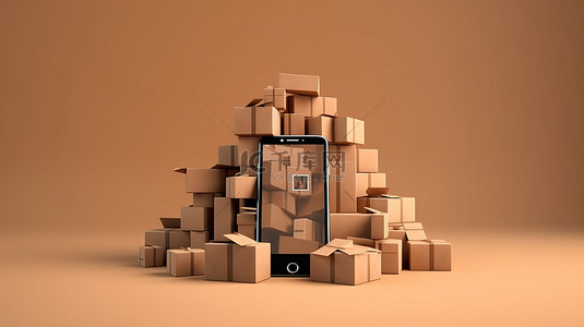 物流手机购物背景图片_智能手机溢出的包裹以 3D 形式说明在线交付概念