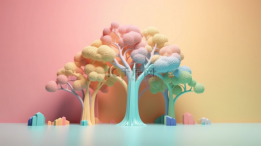 带有 3d 渲染彩虹和树的可爱柔和抽象