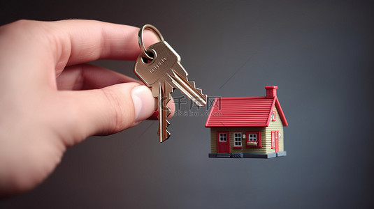家居销售背景图片_手上有房子的钥匙链的 3D 渲染插图