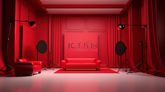 摄影红色背景背景图片_带柔光箱照明 3D 渲染的红色背景摄影工作室
