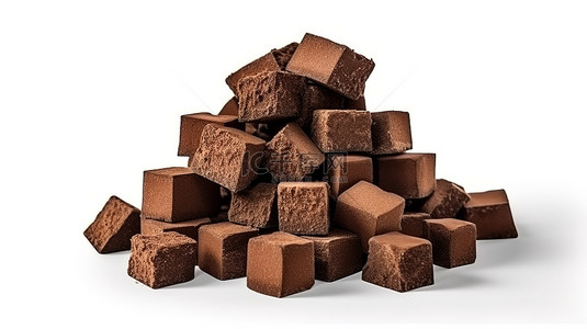 巧克力块堆积在孤立背景上的 3D 插图