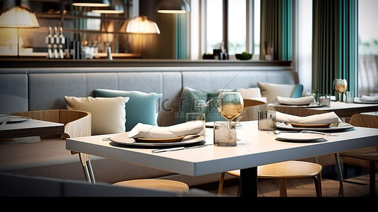 聚会餐桌背景图片_优雅的酒店餐厅配有现代设计桌 3D 渲染
