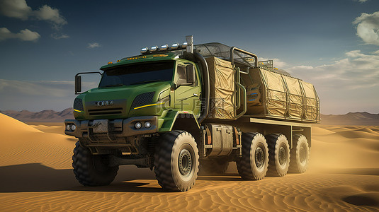 沙漠地形装备最好的卡车的终极环保越野赛车3D渲染