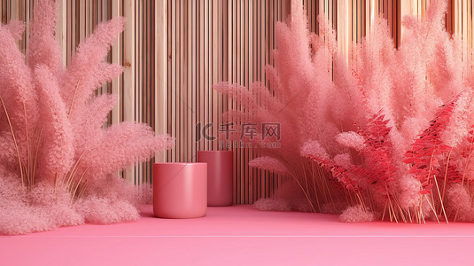 木管背景图片_3d 渲染夏季背景粉红色草和树叶环绕管状木制物体
