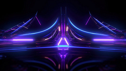 3D 渲染霓虹灯蓝色和紫色灯的抽象形状，以未来派科幻风格在黑色背景和空白空间下
