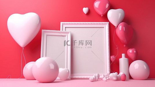 迷人的爱情和情人节艺术白色相框和红心轻轻地漂浮在用 3D 渲染创建的粉红色背景上