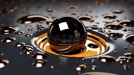 简约风格黑色海报背景，抽象 3D 渲染中带有棕色和金色液体球