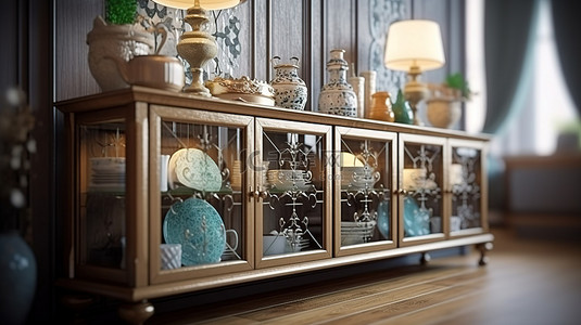 高档餐边柜背景图片_优雅的木质餐边柜，配有雕刻细节和漂亮的餐具，经典餐厅环境 3D 渲染图像