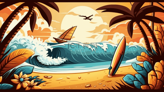 夏天的海边背景图片_夏季海边冲浪卡通插画背景