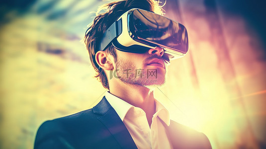 白领和企业高管背景图片_阳光明媚的男性高管戴着虚拟现实眼镜和 3D 视觉技术
