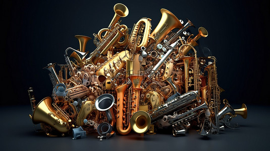 令人惊叹的 3D 渲染中的一堆萨克斯管和乐器