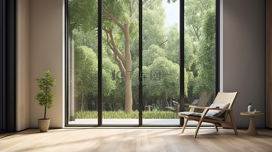 家具门背景图片_带树背景木椅大窗户和门的豪华房间 3D 渲染