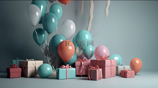 3D 渲染中的气球花环和礼品盒