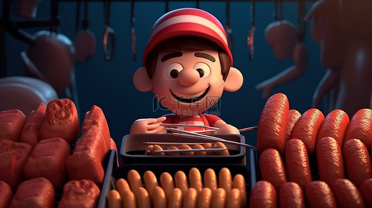 烤肉卡通卡通背景图片_一个穿着红色背心的迷人男人在 3D 渲染中烧烤各种烤肉香肠和烧烤餐