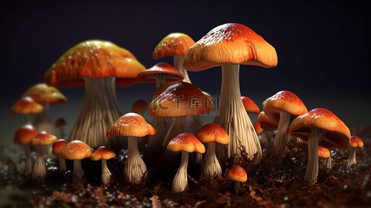 数字真菌 3D 渲染的蘑菇仙境