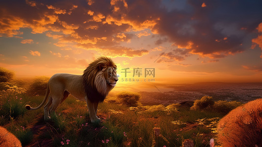 打篮球碎片剪影背景图片_狮子对日落天际线的 3D 渲染