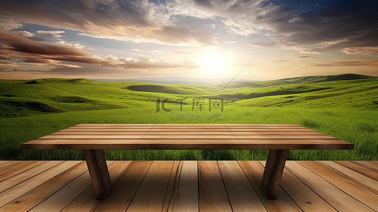 受自然启发的木桌，带有引人注目的 3D 郁郁葱葱的草地景观