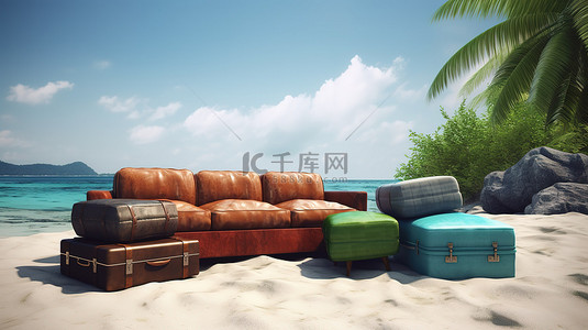 一堆行李和 3d 沙发在宁静的热带海滩上