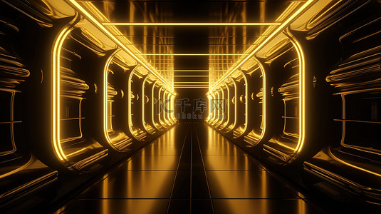 3d 黄灯照亮的未来派走廊