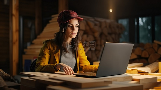 才华横溢背景图片_才华横溢的女木匠在制作餐桌之前在笔记本电脑上设计了一张餐桌