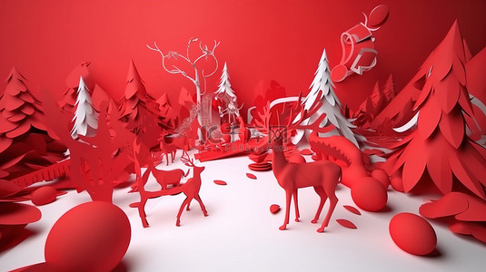 圣诞快乐 3d 节日剪纸分层设计与红色口音