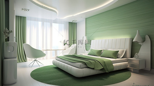 简约现代卧室背景图片_简约 3D 设计的现代白色和绿色卧室