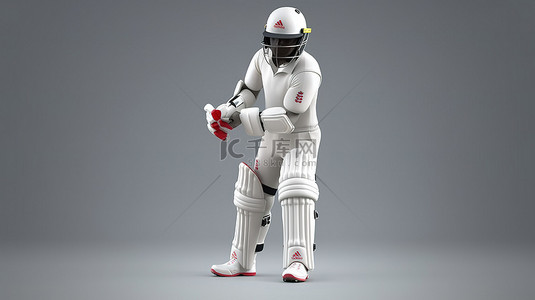 比赛准备好了英格兰板球运动员的 3D 插图，其装备在光滑的灰色背景上
