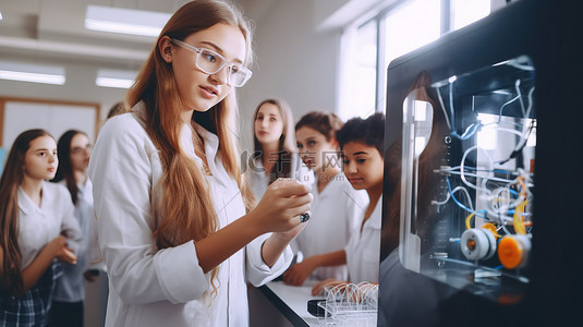 儿童机器人背景图片_女教师向当代学校工程和机器人课的学生展示 3D 打印机，有足够的文本空间