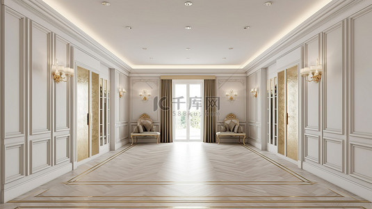 白色墙壁和优雅金色框架的大厅中滑动衣柜的 3D 渲染