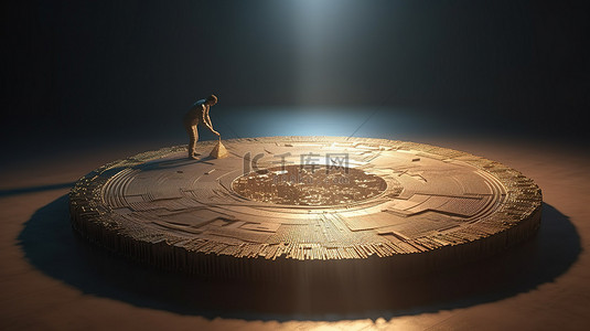 男性人物在 3D 渲染插图中放置了大量的加密货币硬币