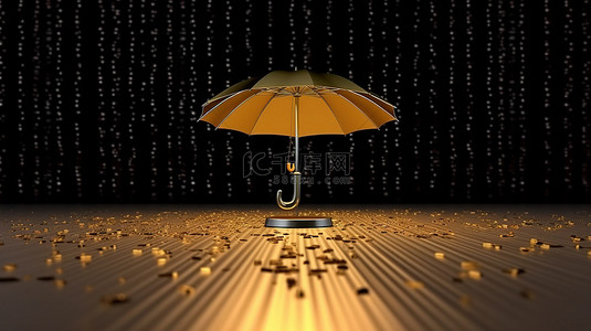 雨季安全背景图片_3D 渲染金伞放在地板上作为背景壁纸