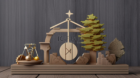 正义图标背景图片_可持续环境 3D 插图，以灰色木质背景上的生态图标为特色