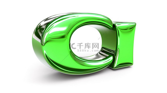 光滑的绿色镀铬 3D 渲染字体，具有光泽表面，在白色背景上显示小写字母 c