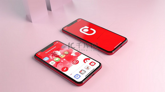 红色背景在 3d 渲染的智能手机屏幕上具有 pinterest 徽标