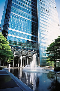 东京日本背景图片_一座大型办公楼毗邻另一栋建筑和一个喷泉