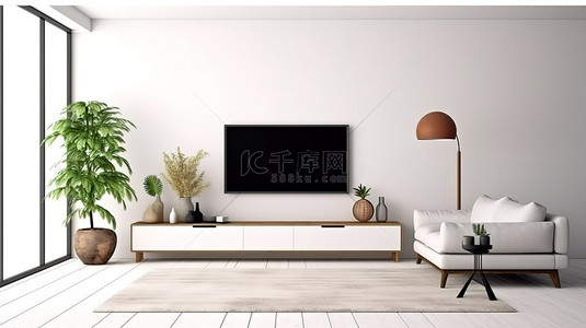 时尚简约的客厅设有电视柜，与原始的白墙 3D 渲染相映成趣
