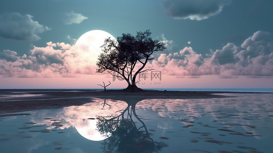 云和月亮背景图片_怪异的万圣节风景 3D 插图，满月反射在海云和树上