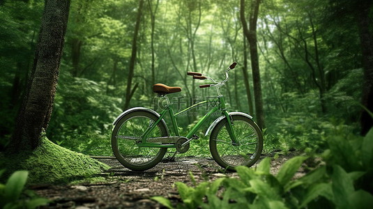 森林仙境中的绿色自行车庆祝自行车和环境日
