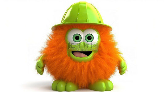 怪物背景图片_白色背景的 3D 插图，带有绿色毛茸茸的怪物，戴着橙色安全帽