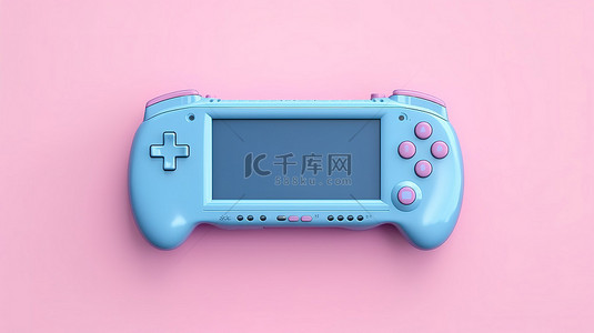 充满活力的粉红色背景 3d 渲染上的蓝色复古便携式视频游戏控制台
