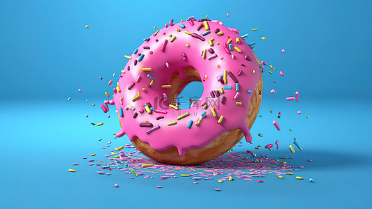 3D 渲染磨砂甜甜圈，洒满蓝色背景