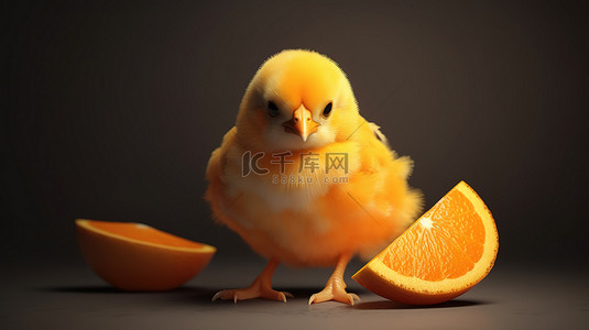 卡通小鸡背景图片_3D 渲染环境中的橙色小鸡