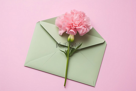 打开绿色信封中的粉色康乃馨