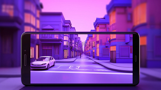 智能建造背景图片_紫色背景在智能手机屏幕上以 3D 视图显示交通街道建筑物