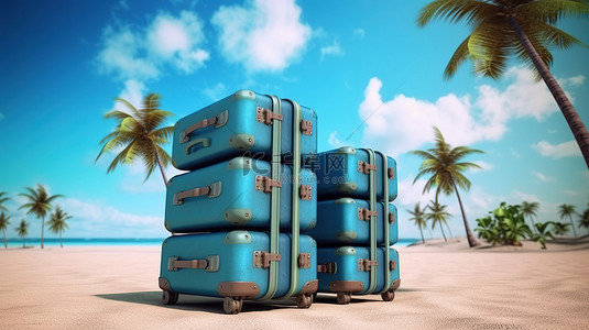 女人旅行背景图片_棕榈树海滩上手提箱的热带度假 3D 渲染